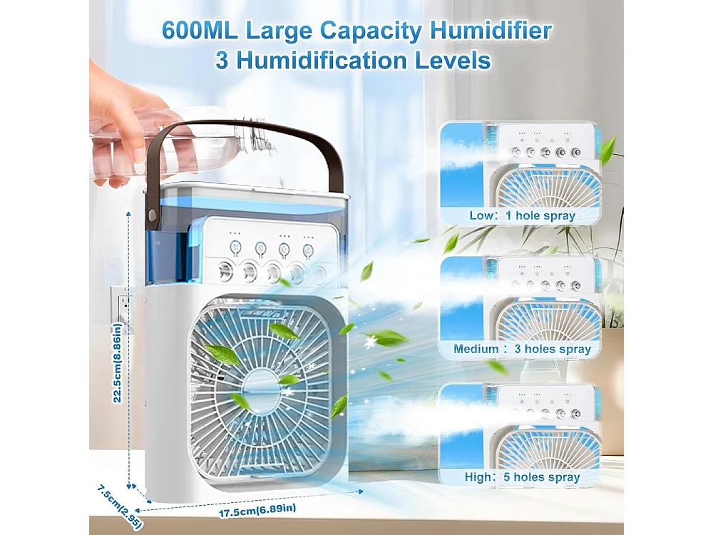 Climatiseur mobile - portable, 4 en 1, 600ML,3 modes brume, 7 veilleuse, 2 - 8H timer
