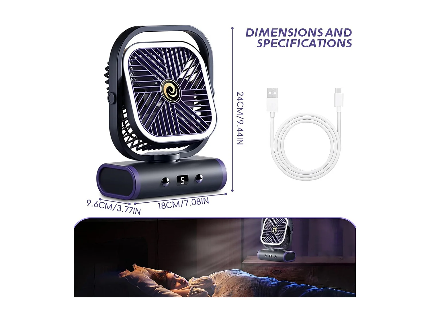 Ventilateur - 5 vitesses, LED intelligent, portable