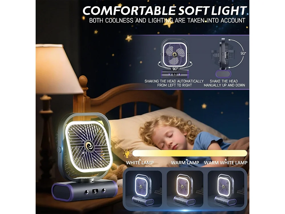 Ventilateur - 5 vitesses, LED intelligent, portable