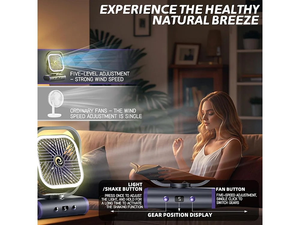 Ventilateur - 5 vitesses, LED intelligent, portable