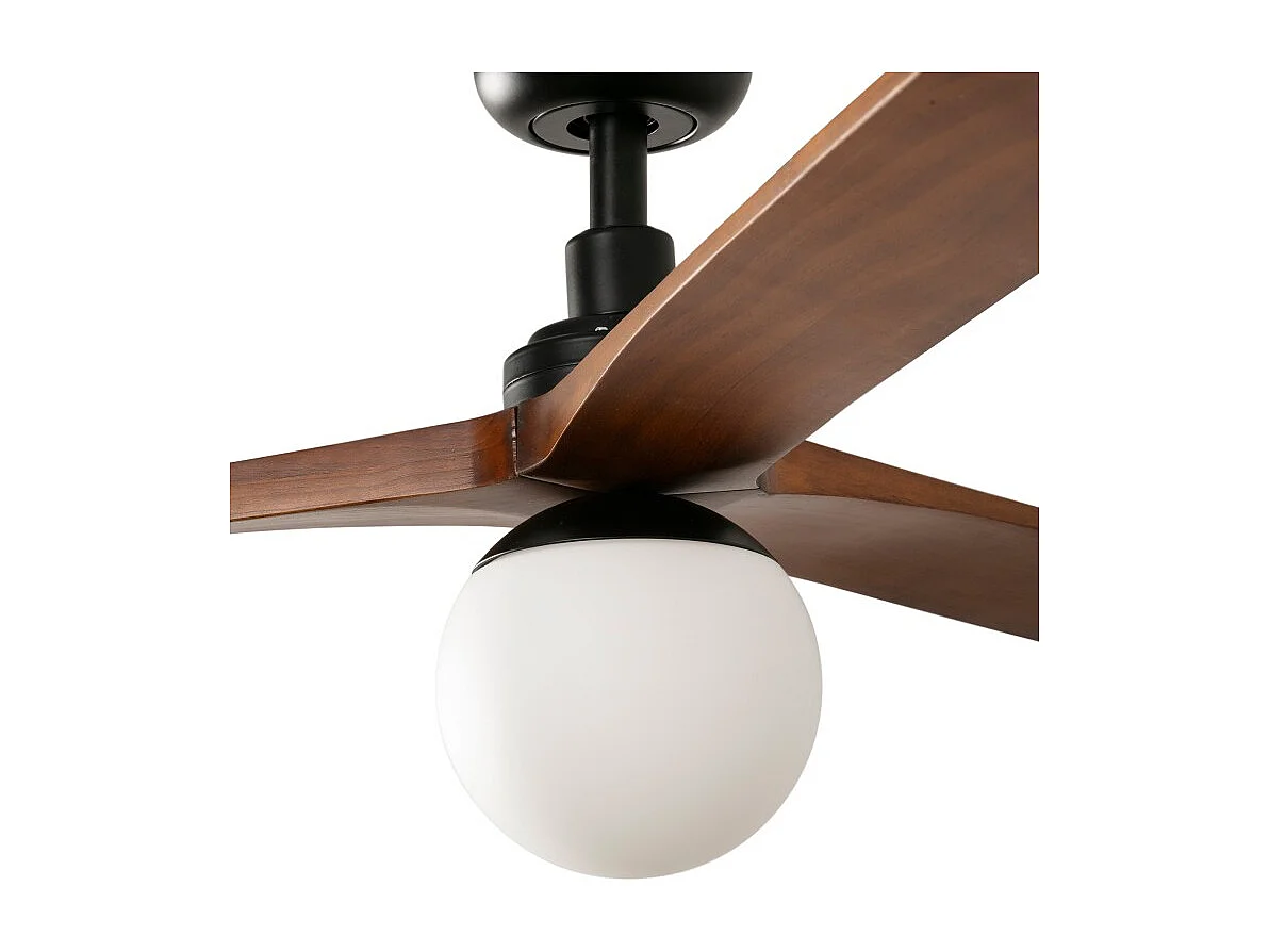 KLIM M Ventilateur avec éclairage, corps noir, pales en noyer foncé, Faro Barcelona