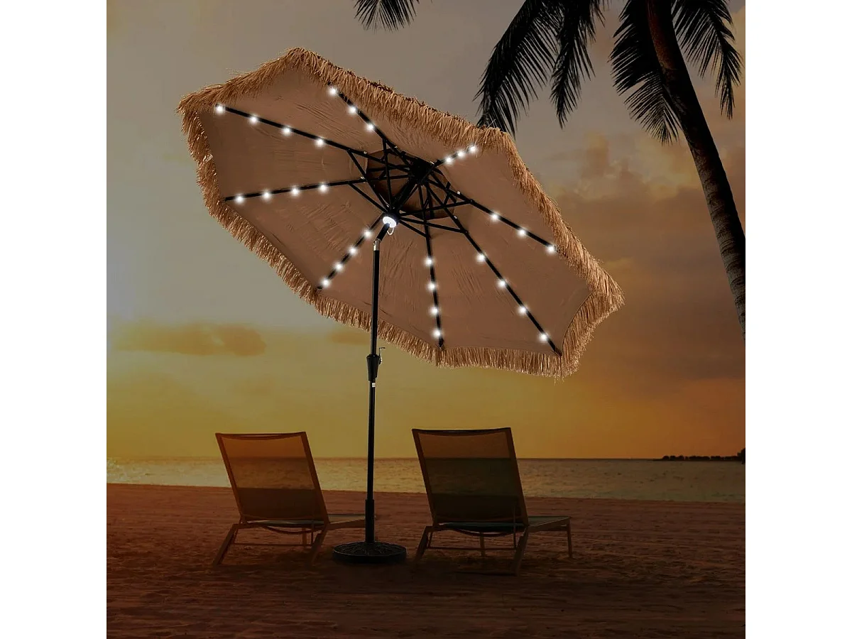 Sonnenschirm Hawaii 300 cm Strohschirm mit LED-Solar-Beleuchtung und Doppeldach Natur+Schwarz