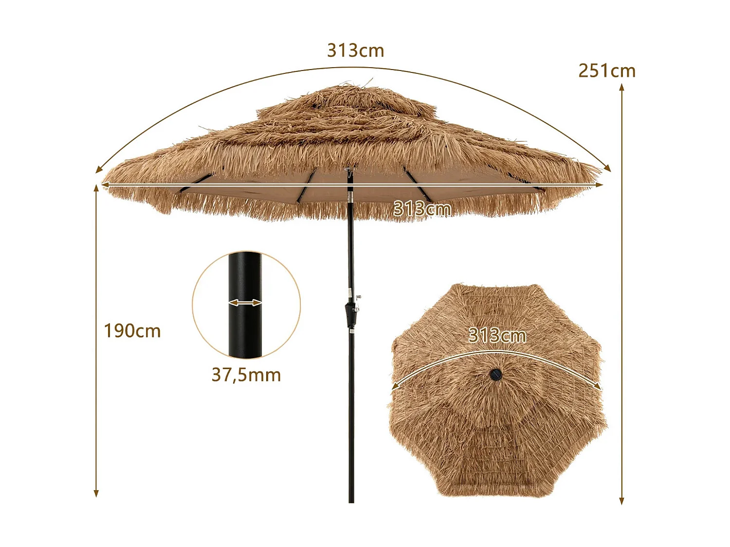 Sonnenschirm Hawaii 300 cm Strohschirm mit LED-Solar-Beleuchtung und Doppeldach Natur+Schwarz