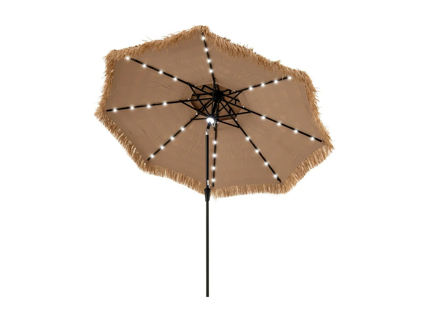 Sonnenschirm Hawaii 300 cm Strohschirm mit LED-Solar-Beleuchtung und Doppeldach Natur+Schwarz