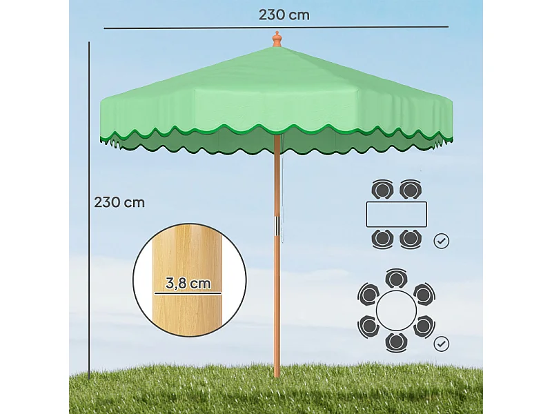 Parasol Odilon terrasse rond rétro effet bois protection UV 230 cm vert clair
