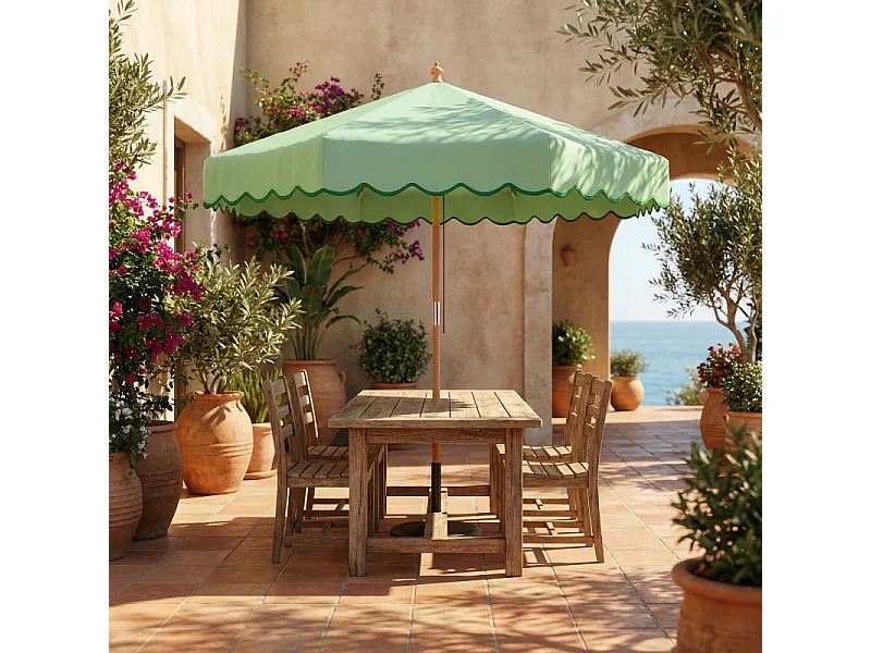 Parasol Odilon terrasse rond rétro effet bois protection UV 230 cm vert clair