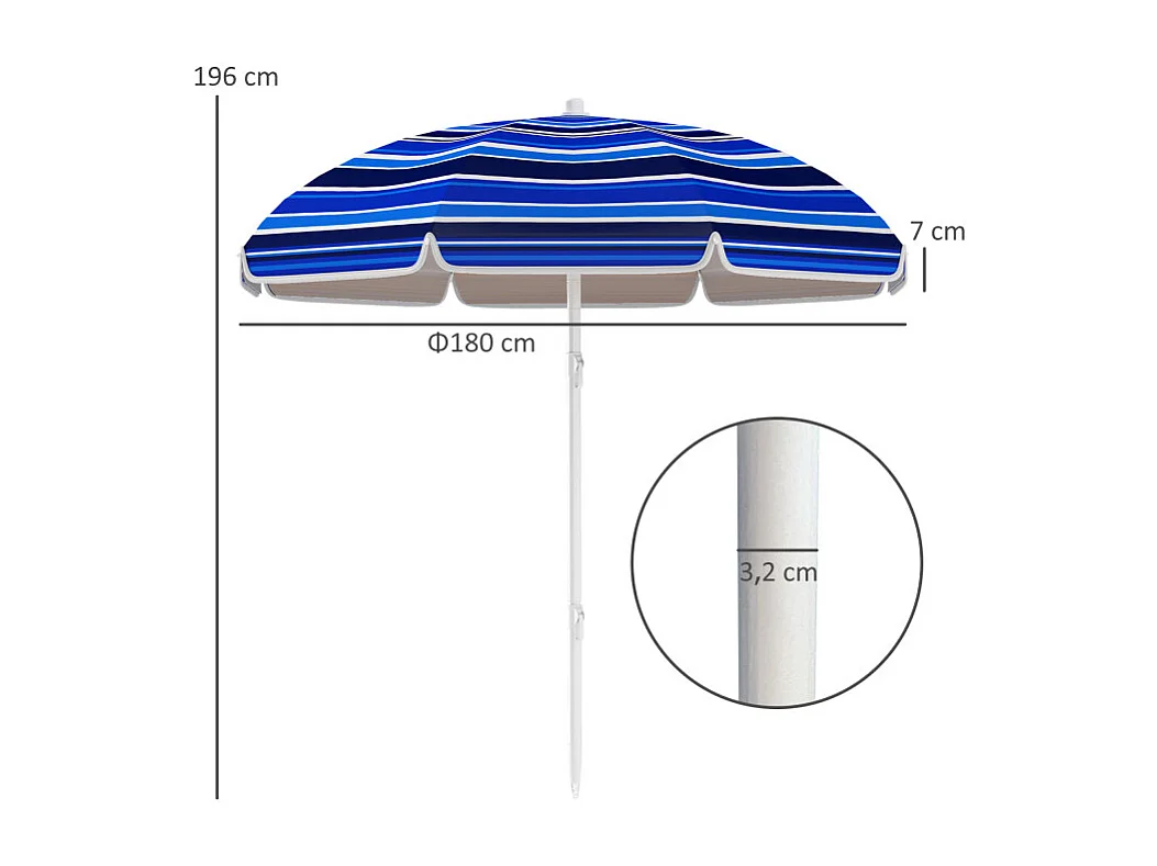 Parasol Tiburcio Inclinable UPF50+ Résistant Plage Bleu Blanc Rayé 180cm