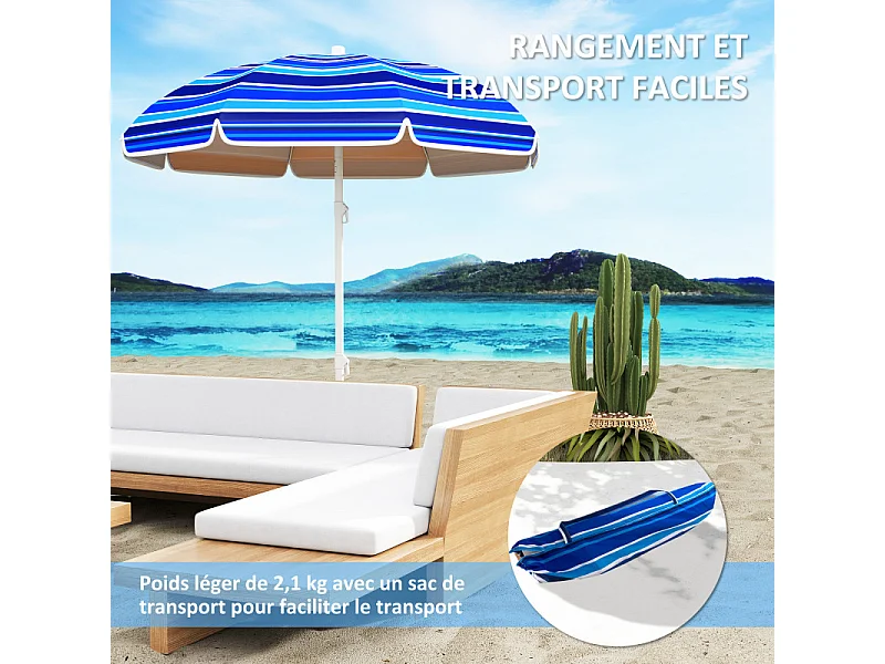 Parasol Tiburcio Inclinable UPF50+ Résistant Plage Bleu Blanc Rayé 180cm