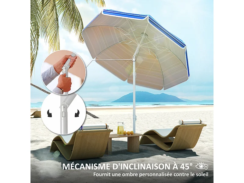 Parasol Tiburcio Inclinable UPF50+ Résistant Plage Bleu Blanc Rayé 180cm