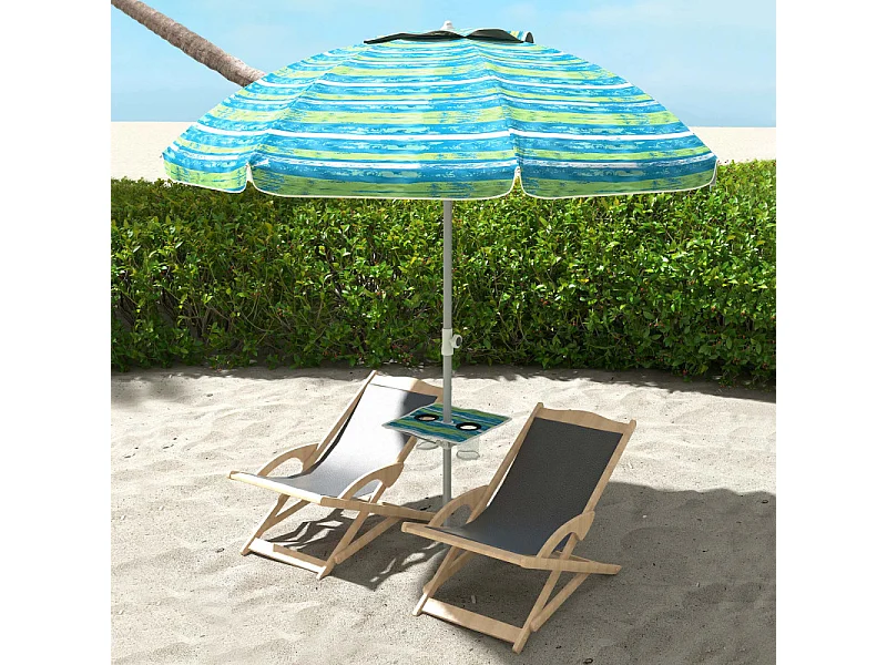 Parasol Jomeval Inclinable UV50+ Ø190 cm Bleu Vert Blanc avec Table Porte-Gobelets