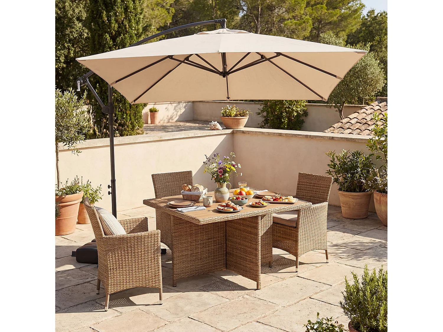 Rechteckiger Sonnenschirm mit Ständer & LED-Leuchten Ampelschirm mit Kurbel Gartenschirm Beige