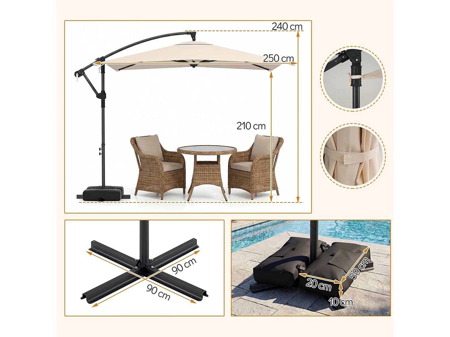 Rechteckiger Sonnenschirm mit Ständer & LED-Leuchten Ampelschirm mit Kurbel Gartenschirm Beige