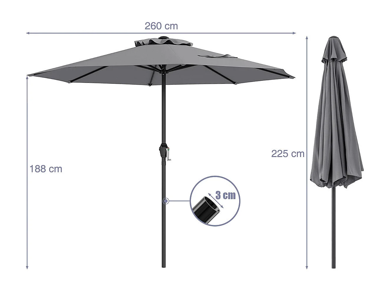 Sonnenschirm 250 cm Gartenschirm mit Kurbel Terrassenschirm mit 8 Rippen Grau