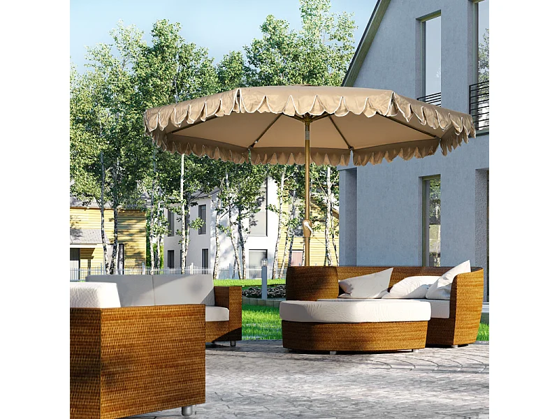 Parasol Inocencio Octogonal Inclinable 264cm Beige Jardin Terrasse Piscine Acier Aspect Bois