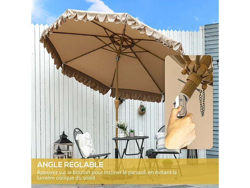 Parasol Inocencio Octogonal Inclinable 264cm Beige Jardin Terrasse Piscine Acier Aspect Bois