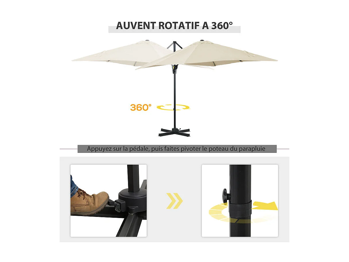 Parasol Olegario déporté inclinable 360° grand format 245x245 cm beige