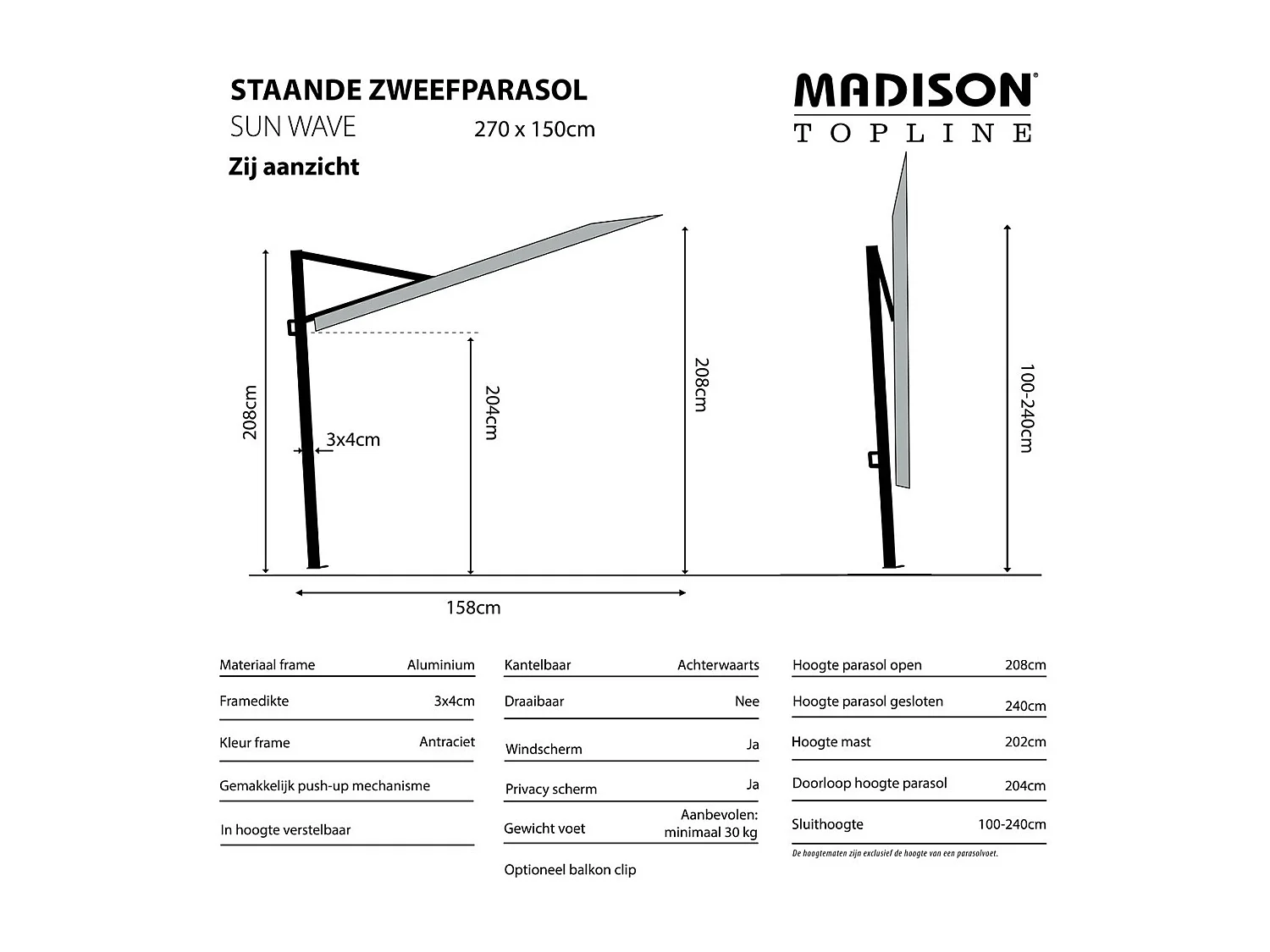Madison Sun Wave stokparasol 270x150 cm - taupe