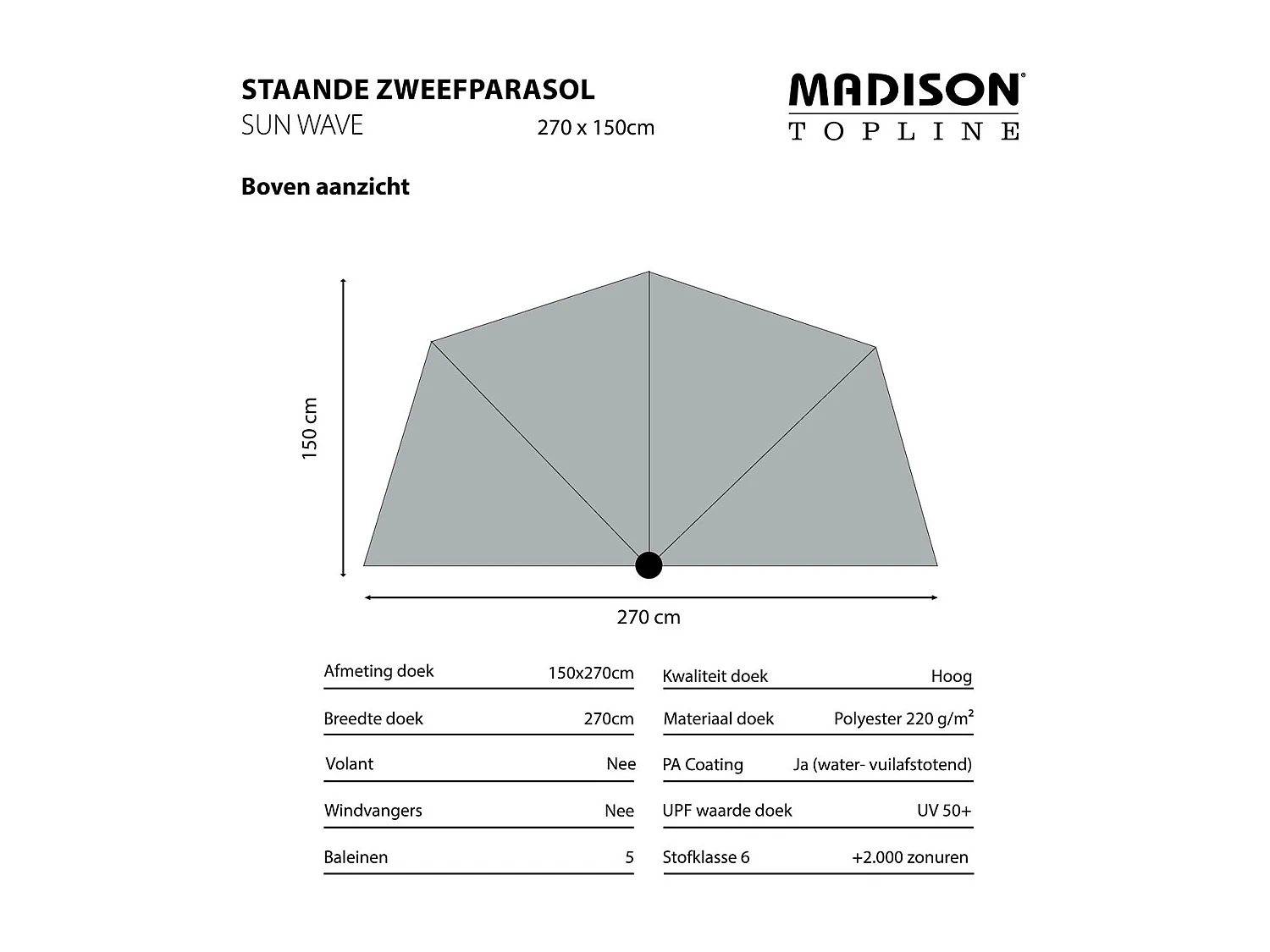 Madison Sun Wave stokparasol 270x150 cm - taupe