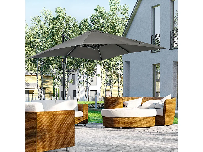 Parasol Ingolbach déporté carré inclinable 360° gris anti-UV 2,45m
