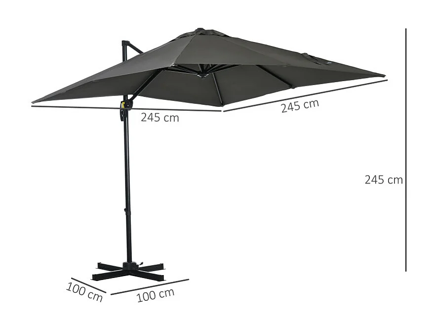 Parasol Ingolbach déporté carré inclinable 360° gris anti-UV 2,45m