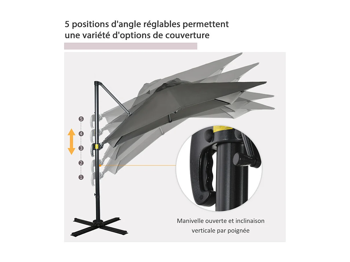 Parasol Ingolbach déporté carré inclinable 360° gris anti-UV 2,45m