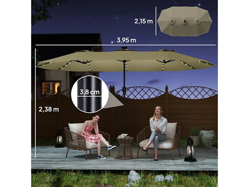 Parasol Flémont Double XL Éclairage Solaire Beige Protection UPF50+ 4x2m