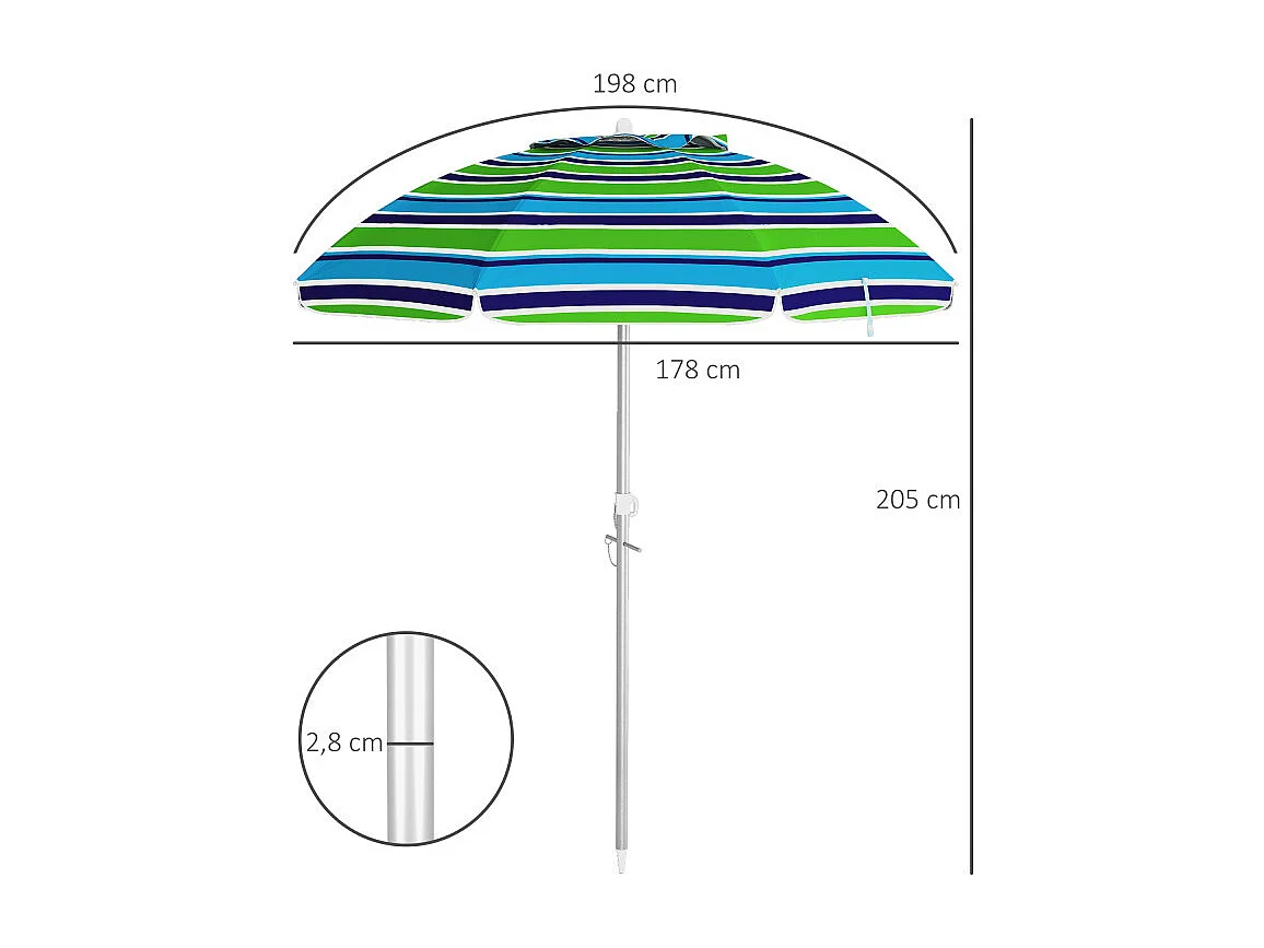 Parasol Isolotto Inclinable Réglable Ø178 cm Anti-UV Résistant Vent Multicolore