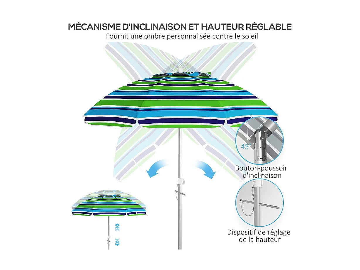 Parasol Isolotto Inclinable Réglable Ø178 cm Anti-UV Résistant Vent Multicolore