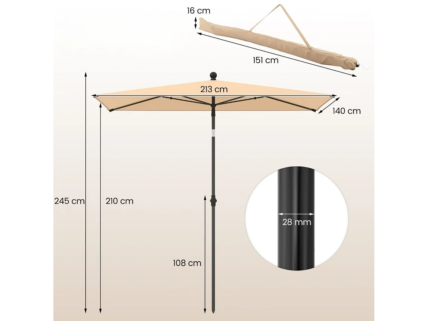 Sonnenschirm Balkon 210x140 cm Balkonschirm rechteckig Gartenschirm beidseitig um 30° knickbar Beige