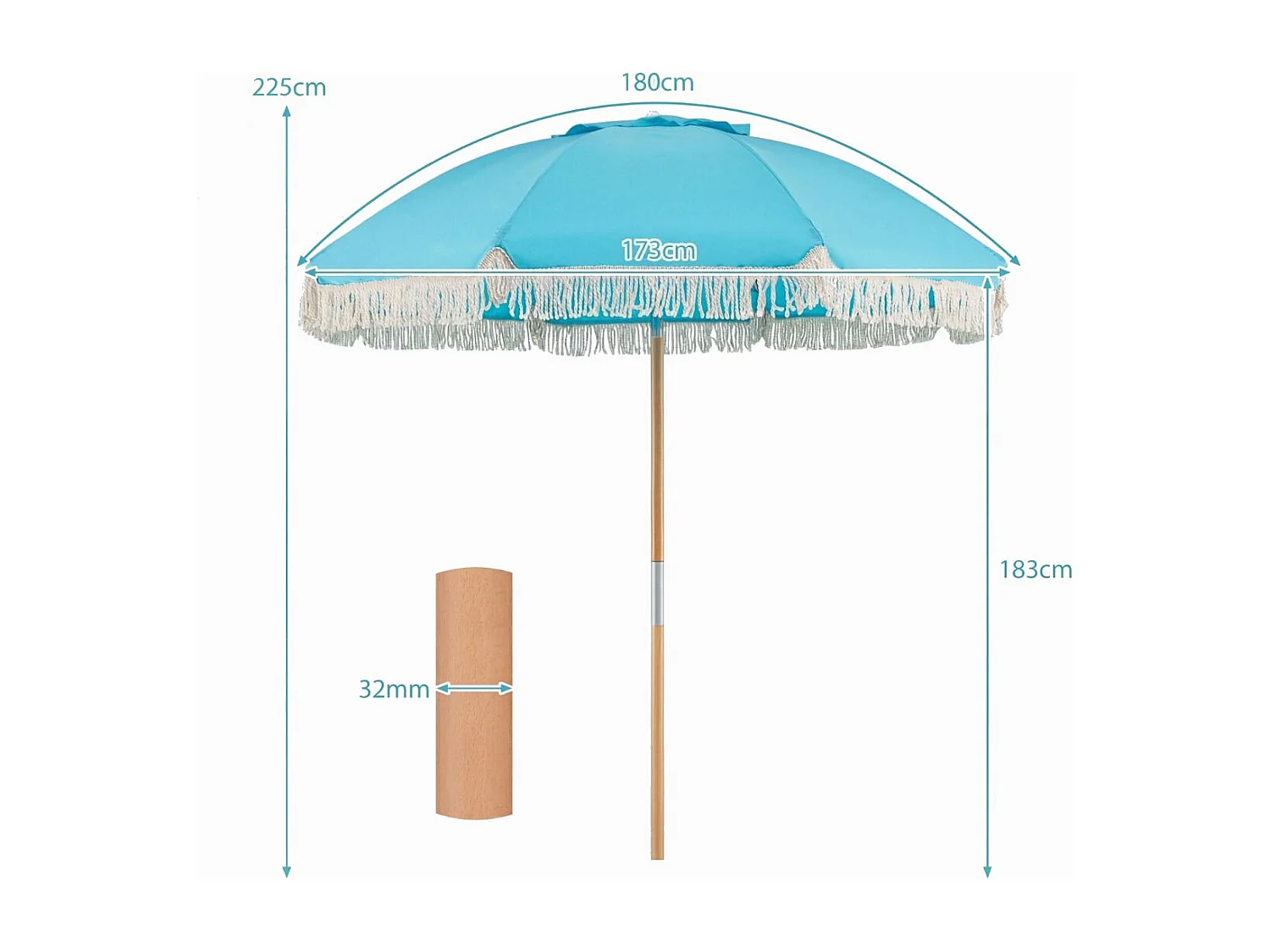 Boho Sonnenschirm Beidseitig um 30° Knickbar 170 cm Gartenschirm mit Fransen Balkonschirm Blau