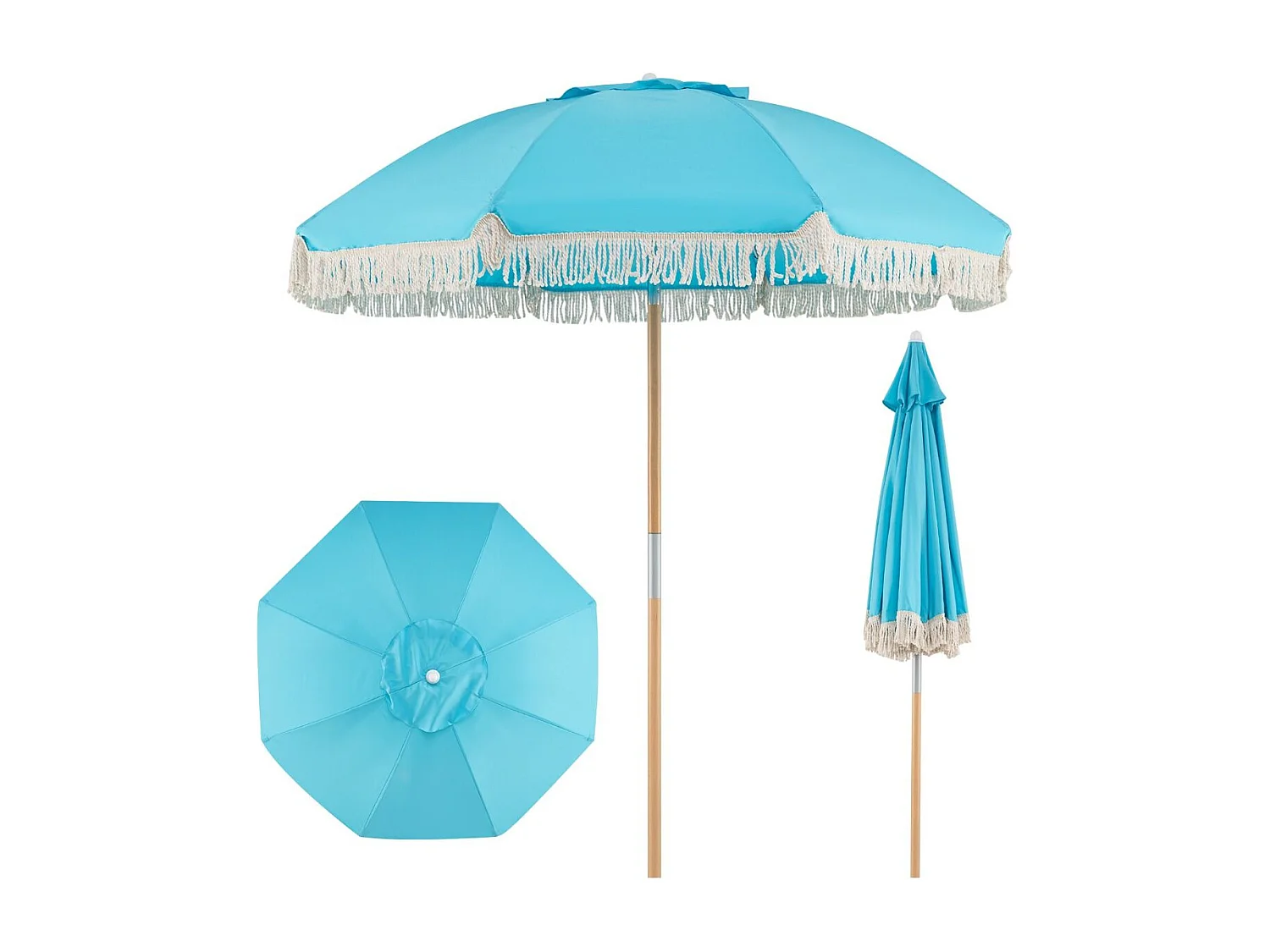 Boho Sonnenschirm Beidseitig um 30° Knickbar 170 cm Gartenschirm mit Fransen Balkonschirm Blau