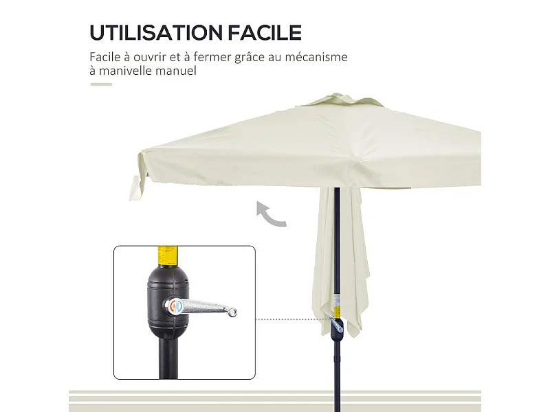 Parasol Terradillos Demi-Carré Balcon Résistant UV Crème Mât Démontable 2,3x1,3m