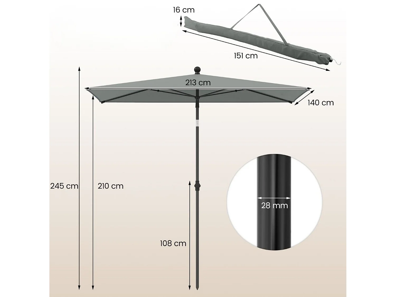 Sonnenschirm Balkon 210 x 140 cm Balkonschirm rechteckig Gartenschirm beidseitig um 30° knickbar Grau