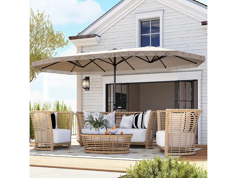 Parasol Udric Bohème Franges XXL Manivelle Tissu Résistant UV Beige Clair