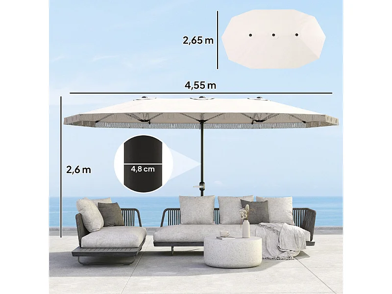 Parasol Udric Bohème Franges XXL Manivelle Tissu Résistant UV Beige Clair
