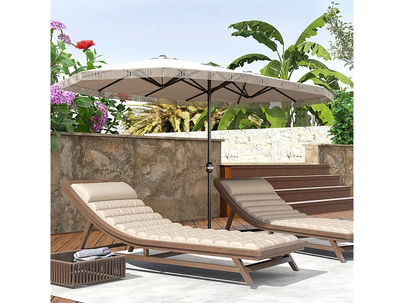 Parasol Udric Bohème Franges XXL Manivelle Tissu Résistant UV Beige Clair