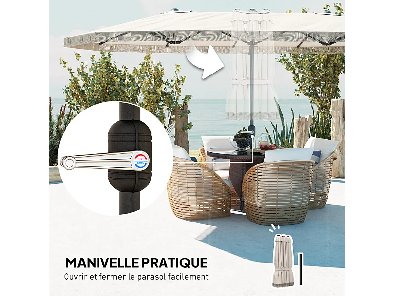 Parasol Udric Bohème Franges XXL Manivelle Tissu Résistant UV Beige Clair