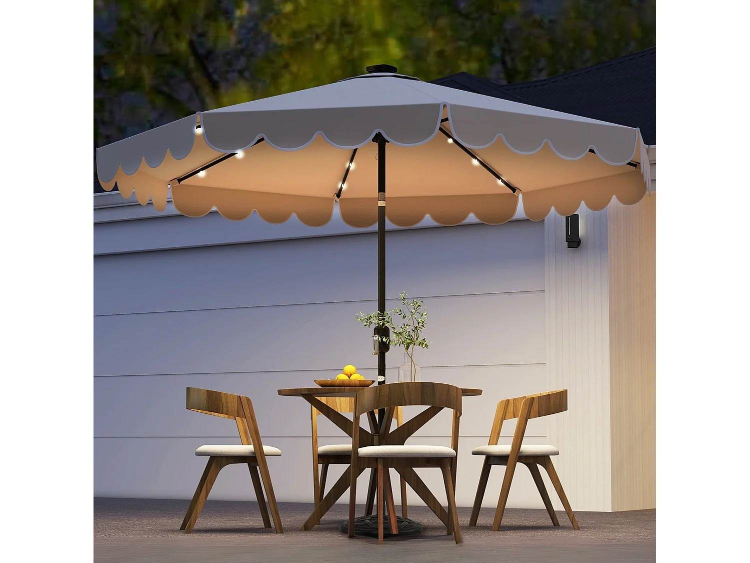 300 cm Sonnenschirm mit LED-Beleuchtung Gartenschirm mit Kurbel und Volant beidseitig um 35° knickbar Beige