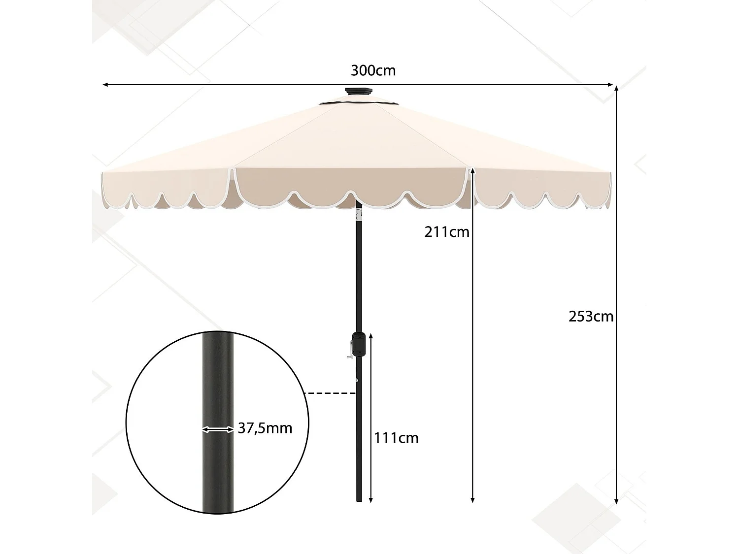 300 cm Sonnenschirm mit LED-Beleuchtung Gartenschirm mit Kurbel und Volant beidseitig um 35° knickbar Beige
