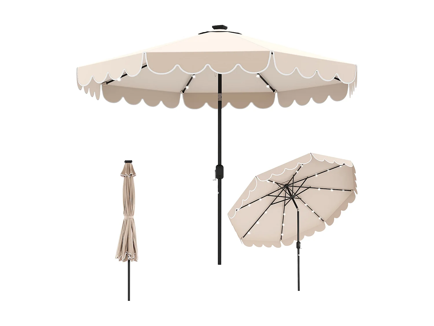 300 cm Sonnenschirm mit LED-Beleuchtung Gartenschirm mit Kurbel und Volant beidseitig um 35° knickbar Beige