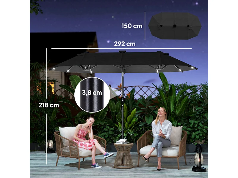 Parasol Doralice Éclairage LED Solaire Inclinable Gris 292x150cm