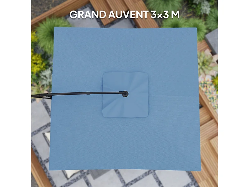 Parasol Idric 3x3m réglable anti-UV UPF50+ bleu résistant vent