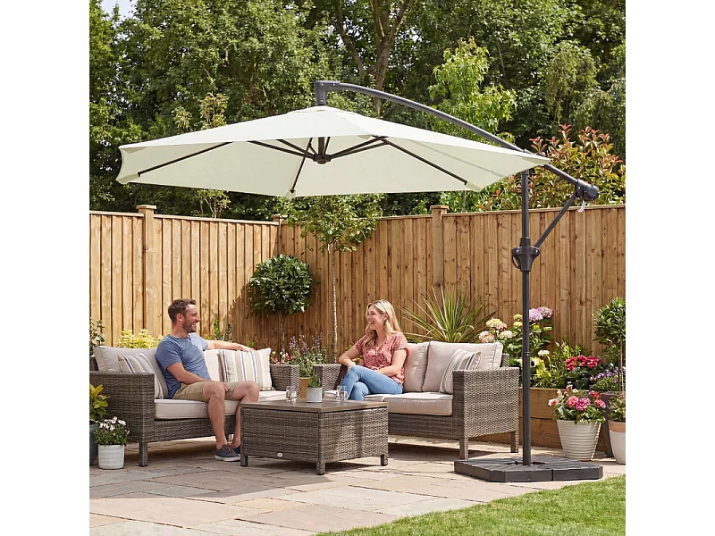 Parasol Ribabellosa déporté 3m crème avec base lestée et toile ventilée UPF30+