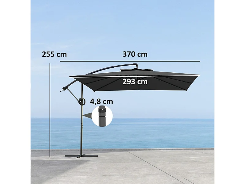 Parasol Matteo 3x3m Déporté Gris Résistant UV50+ Rotation 360° Manivelle