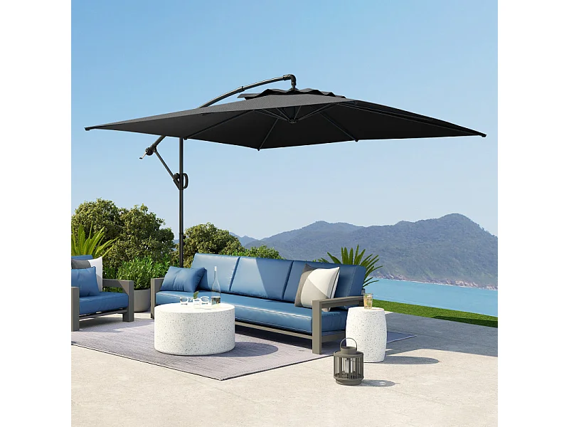 Parasol Matteo 3x3m Déporté Gris Résistant UV50+ Rotation 360° Manivelle