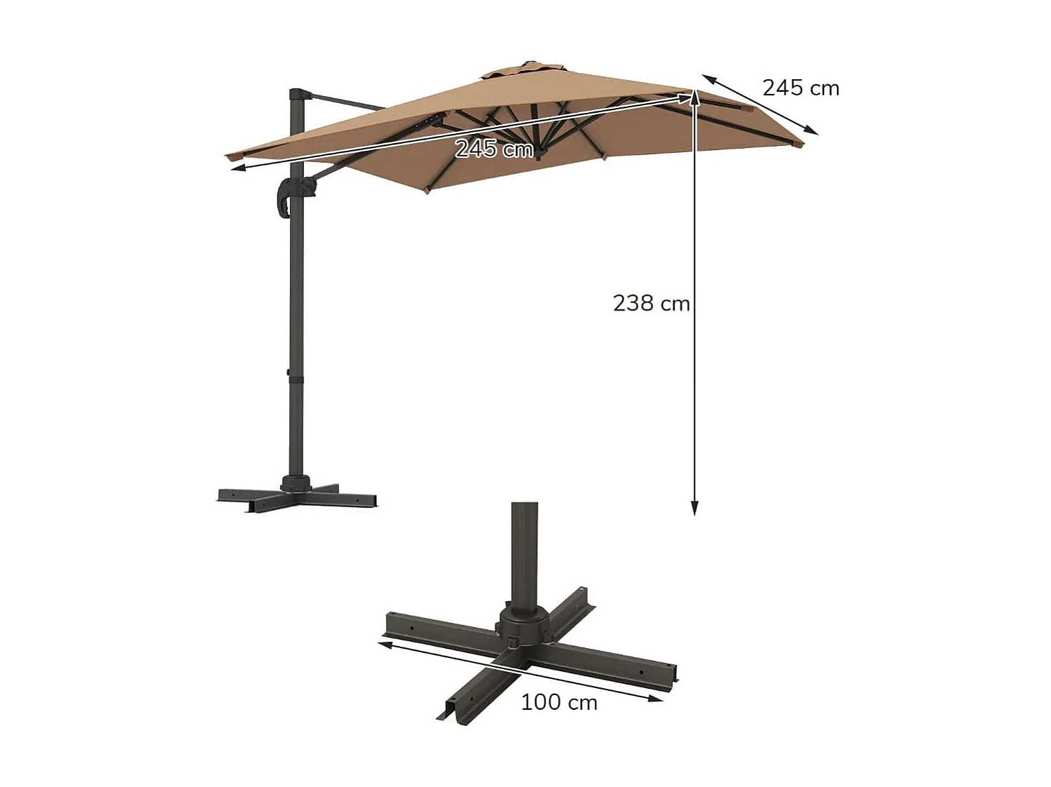 Sonnenschirm rechteckig 250 x 250 cm großer Ampelschirm mit Kurbel Braun