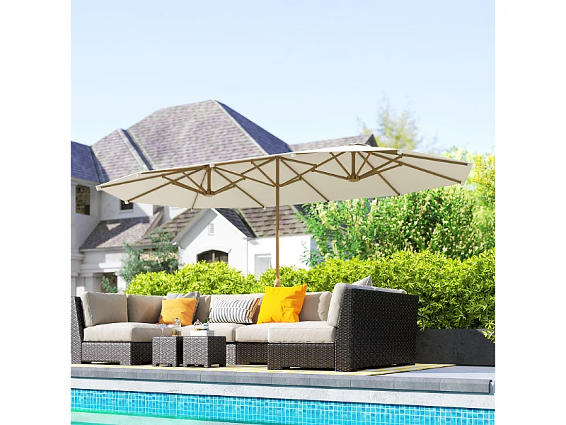 Parasol Dornbach XXL Exotique Manivelle Acier Effet Bois Tissu Beige 455 cm