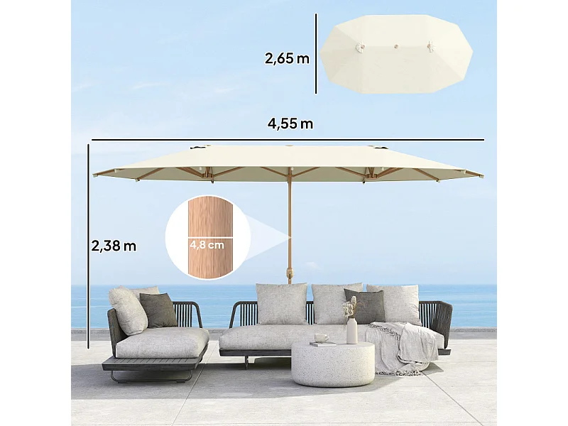 Parasol Dornbach XXL Exotique Manivelle Acier Effet Bois Tissu Beige 455 cm