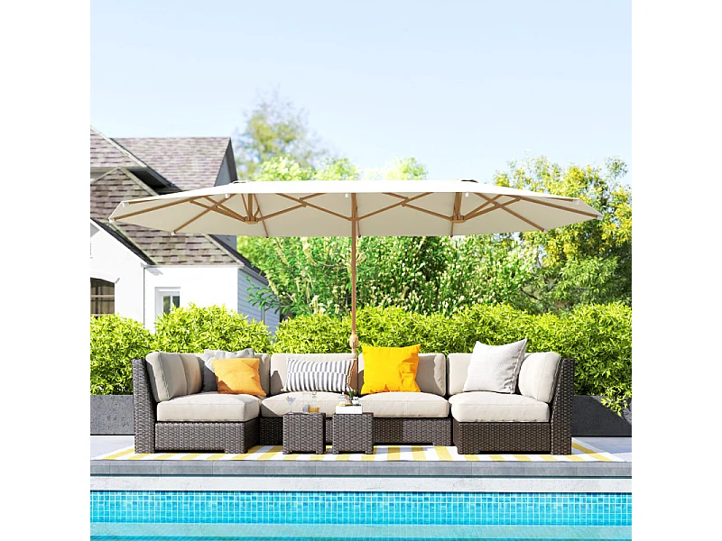Parasol Dornbach XXL Exotique Manivelle Acier Effet Bois Tissu Beige 455 cm