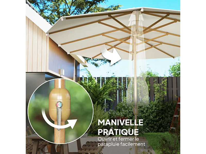 Parasol Dornbach XXL Exotique Manivelle Acier Effet Bois Tissu Beige 455 cm